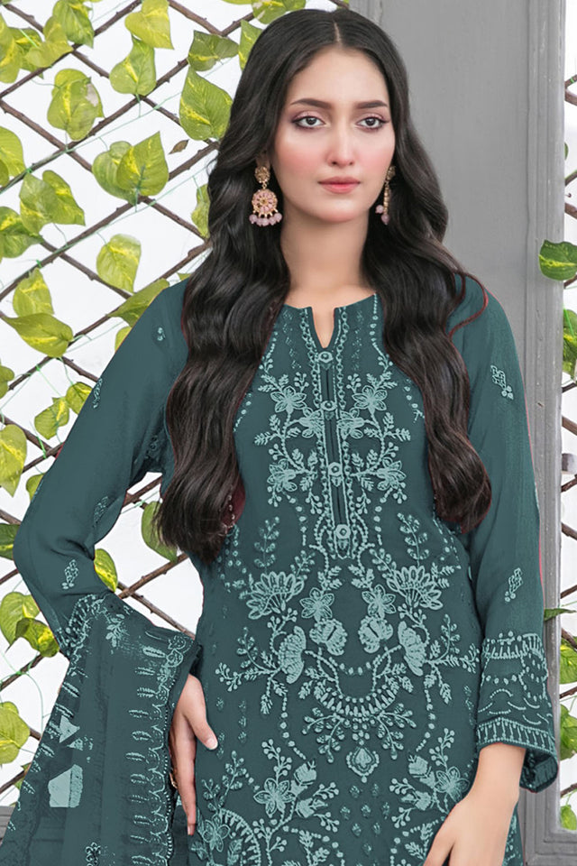Turquoise Floral Embroidered Georgette Straight Cut Suits