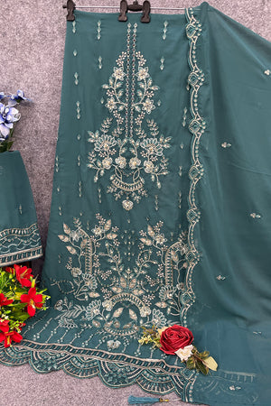 Turquoise Floral Embroidered Georgette Straight Cut Suits