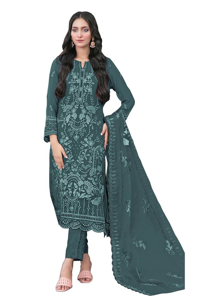 Turquoise Floral Embroidered Georgette Straight Cut Suits