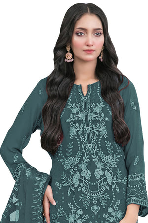 Turquoise Floral Embroidered Georgette Straight Cut Suits
