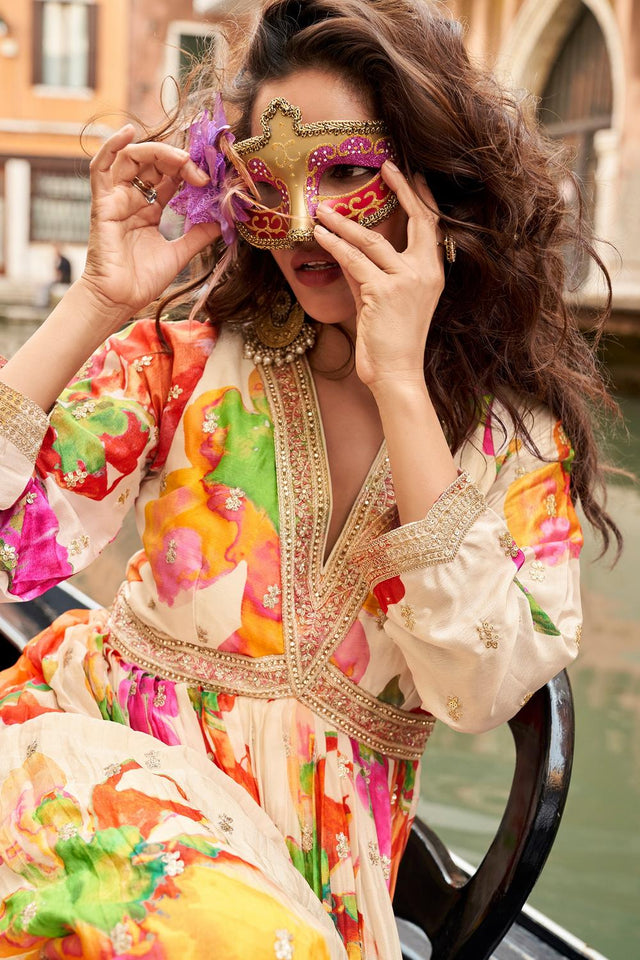 Off White Floral Printed Chinon Gown