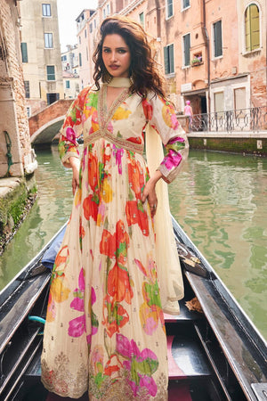 Off White Floral Printed Chinon Gown