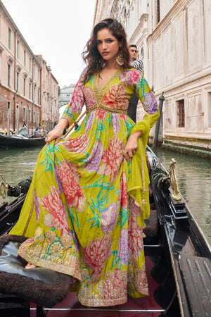 Yellow Floral Printed Chinon Gown