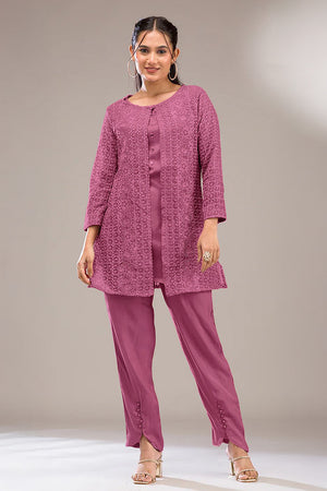 Pink Floral Embroidered Georgette Co-Ord Set