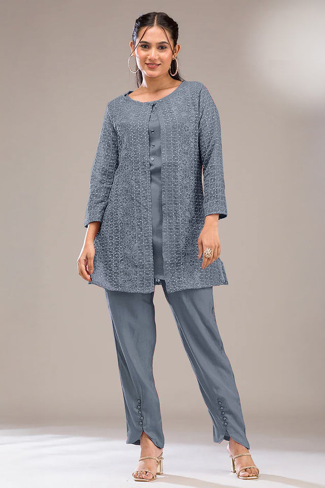 Grey Floral Embroidered Georgette Co-Ord Set