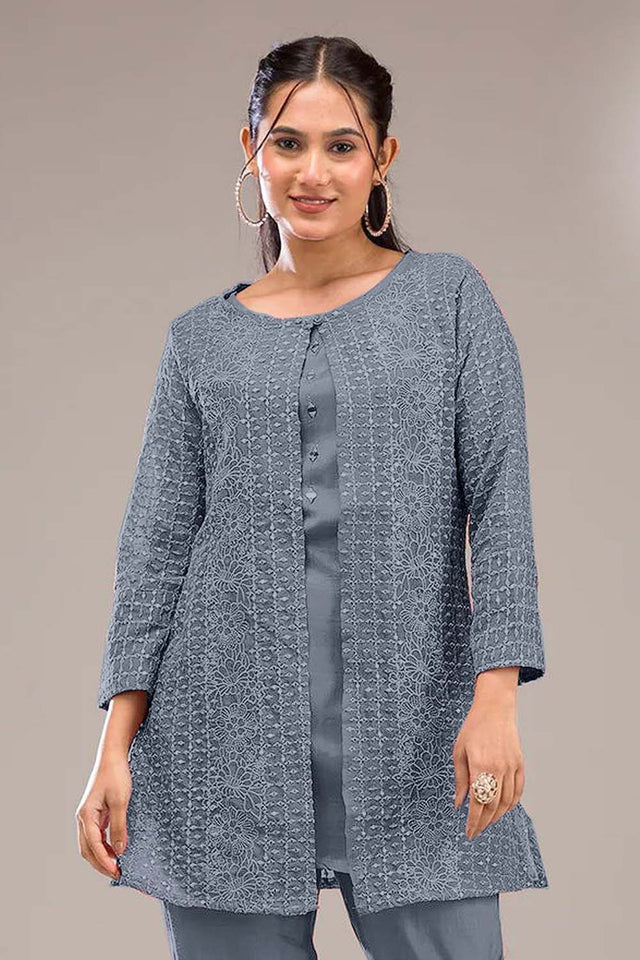 Grey Floral Embroidered Georgette Co-Ord Set
