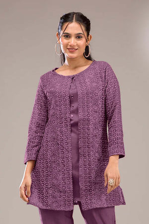 Violet Floral Embroidered Georgette Co-Ord Set