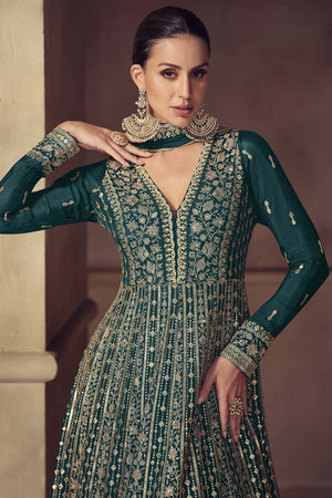 Turquoise Sequin with Embroidered Chinon Gown