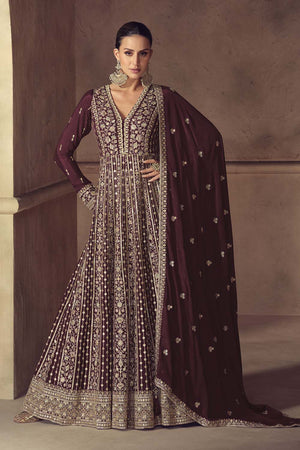 Brown Sequin with Embroidered Chinon Gown