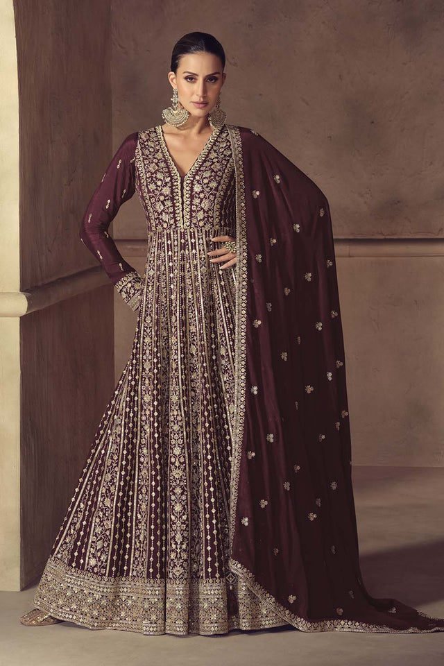 Brown Sequin with Embroidered Chinon Gown