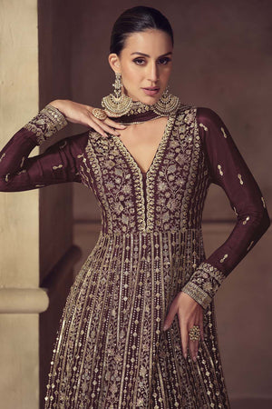 Brown Sequin with Embroidered Chinon Gown