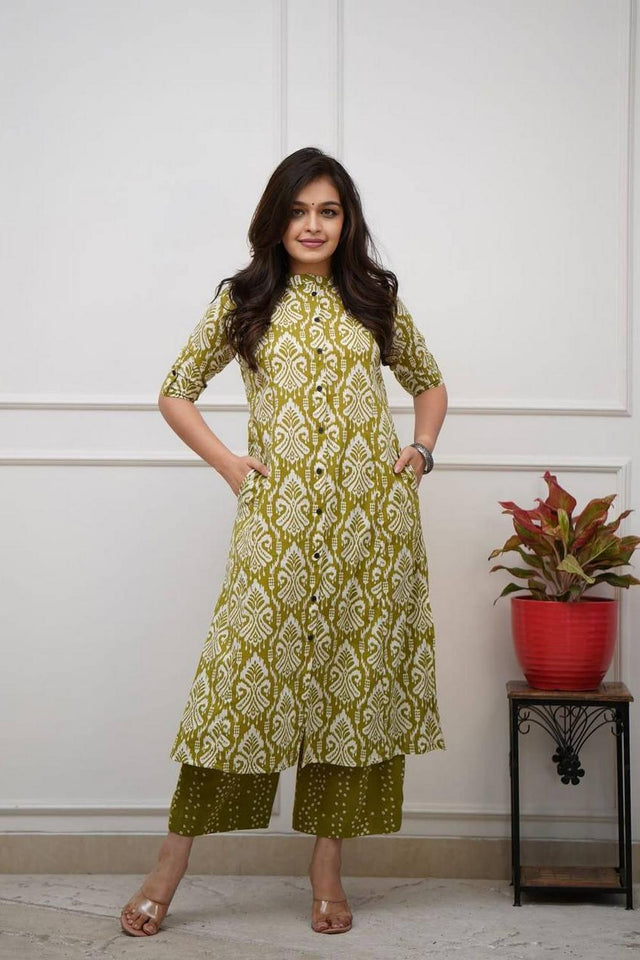 Green Printed Cotton Kurti Pant Set (RF30062)