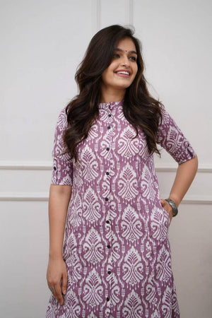 Purple Printed Cotton Kurti Pant Set (RF30063)