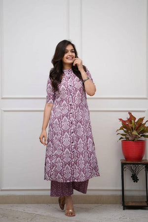 Purple Printed Cotton Kurti Pant Set (RF30063)