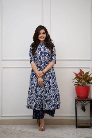 Blue Printed Cotton Kurti Pant Set (RF30064)