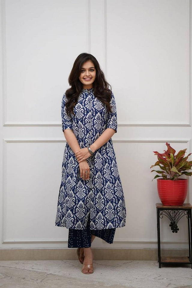 Blue Printed Cotton Kurti Pant Set (RF30064)