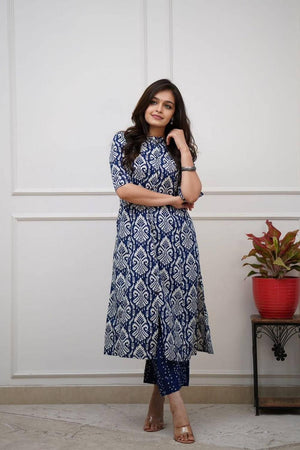 Blue Printed Cotton Kurti Pant Set (RF30064)