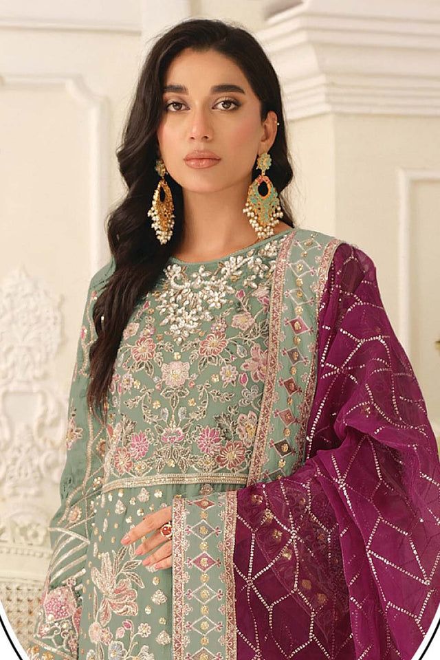 Green Floral Embroidered Chiffon Straight Cut Suits (RF30194)