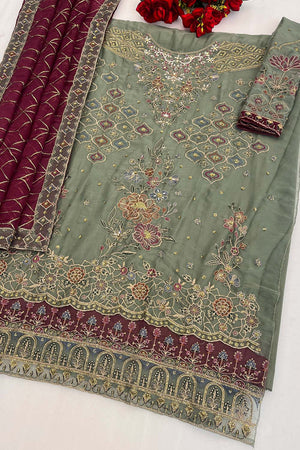 Green Floral Embroidered Chiffon Straight Cut Suits (RF30194)