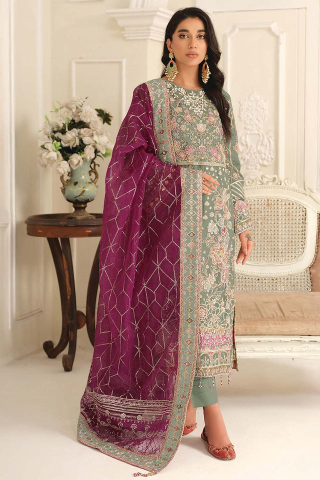 Green Floral Embroidered Chiffon Straight Cut Suits (RF30194)