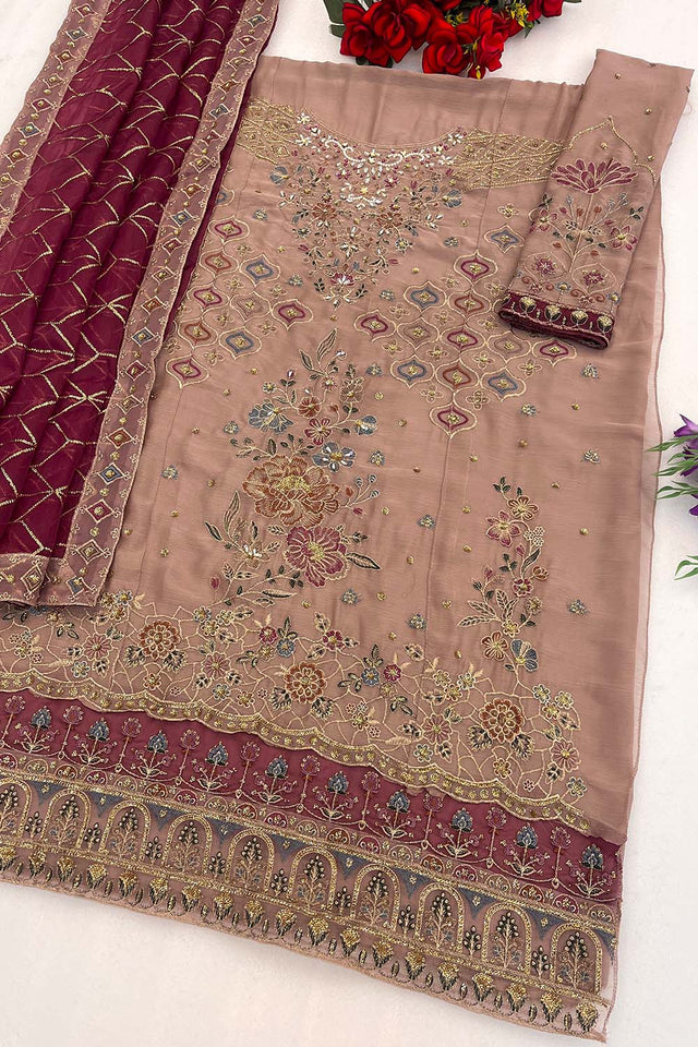 Magenta Floral Embroidered Chiffon Straight Cut Suits (RF30195)