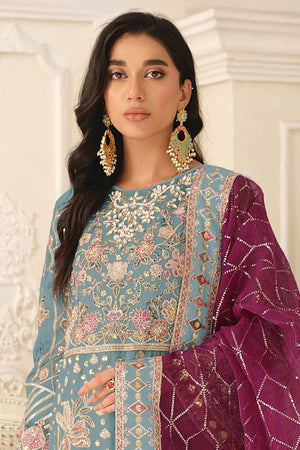 Blue Floral Embroidered Chiffon Straight Cut Suits (RF30196)