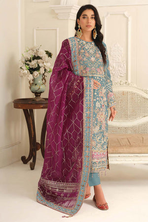 Blue Floral Embroidered Chiffon Straight Cut Suits (RF30196)