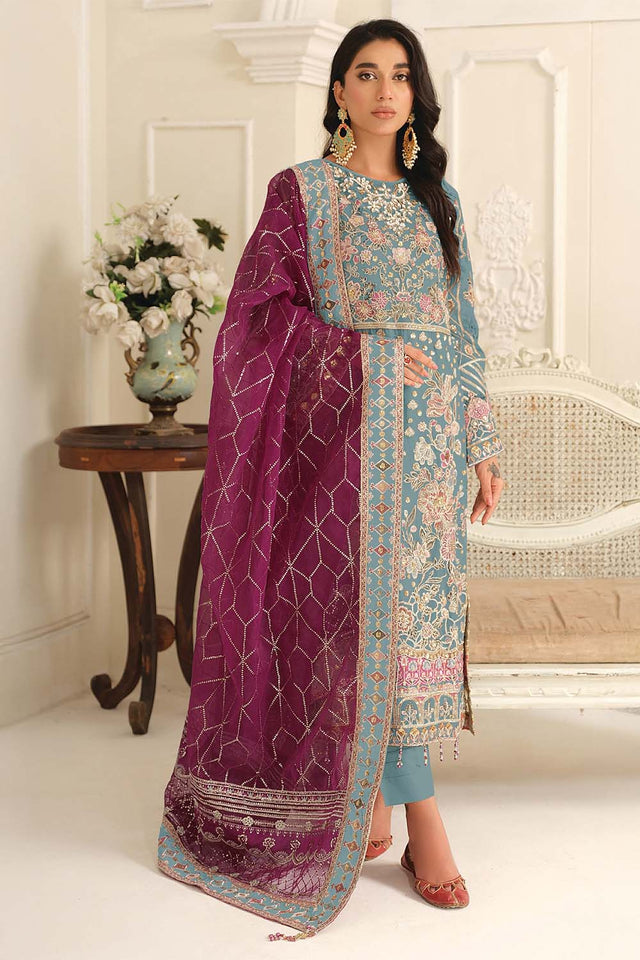 Blue Floral Embroidered Chiffon Straight Cut Suits (RF30196)
