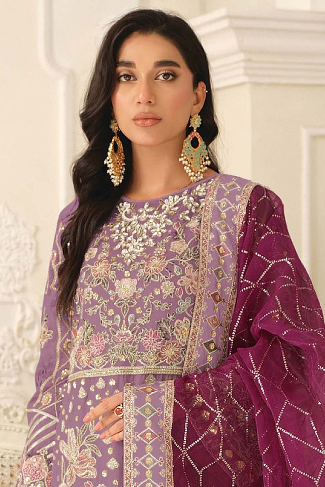 Lavender Floral Embroidered Chiffon Straight Cut Suits (RF30197)