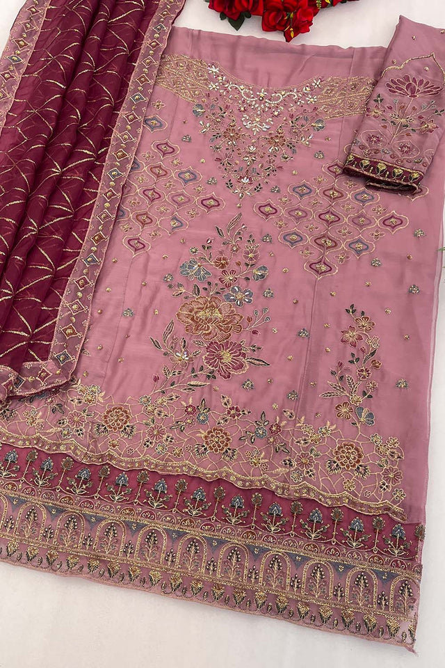 Lavender Floral Embroidered Chiffon Straight Cut Suits (RF30197)
