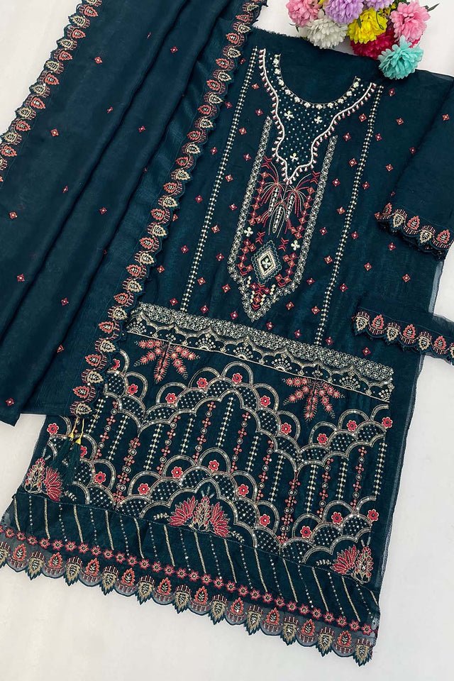 Turquoise Floral Embroidered Silk Straight Cut Suits (RF30209)