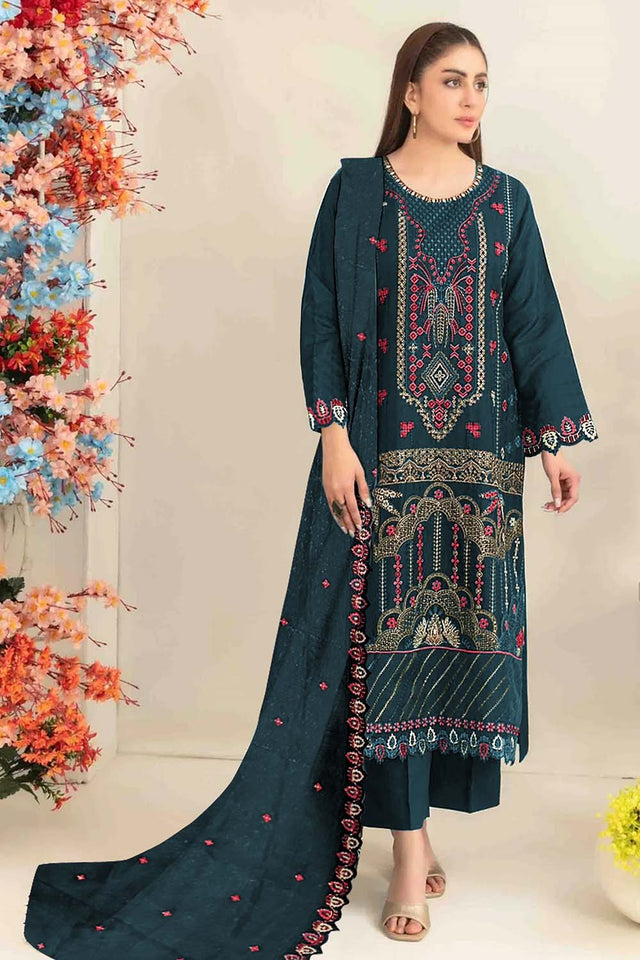 Turquoise Floral Embroidered Silk Straight Cut Suits (RF30209)