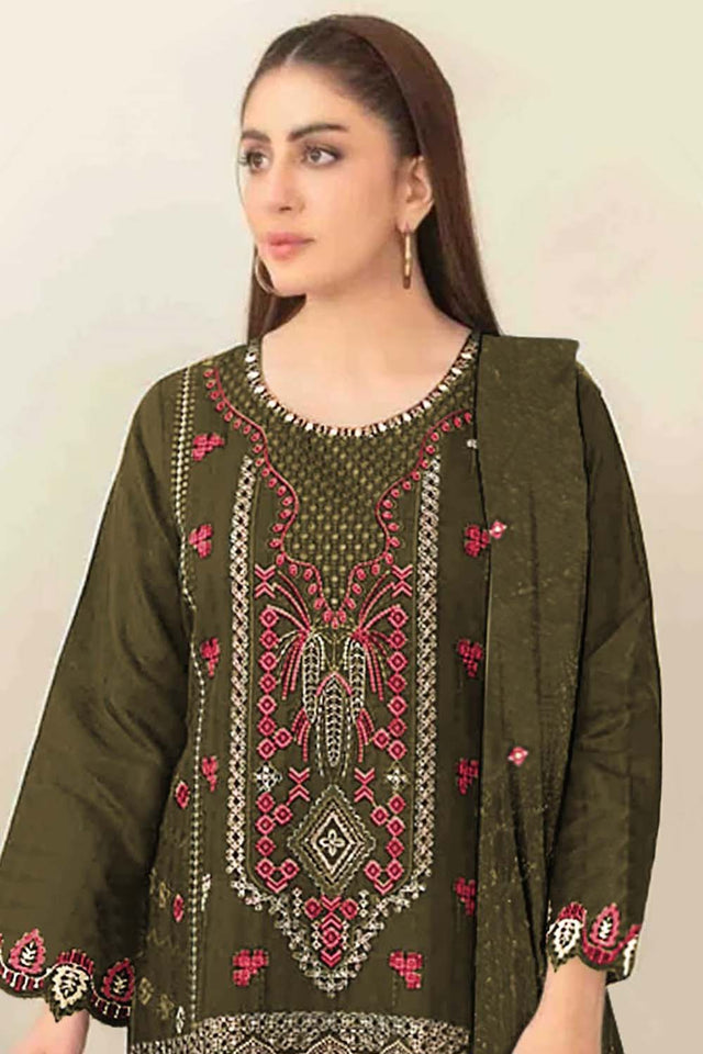 Green Floral Embroidered Silk Straight Cut Suits (RF30210)