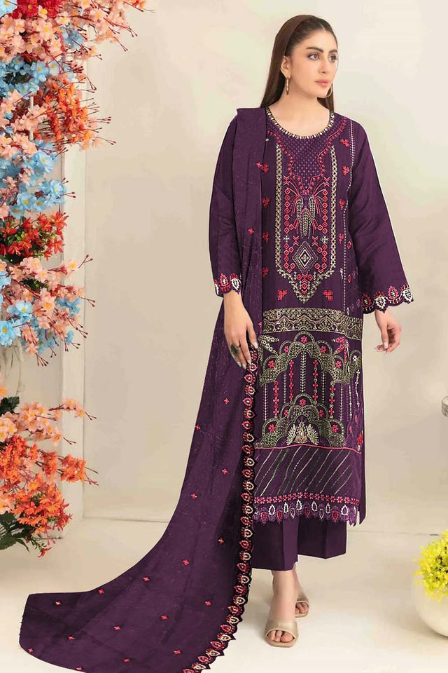 Violet Floral Embroidered Silk Straight Cut Suits (RF30211)