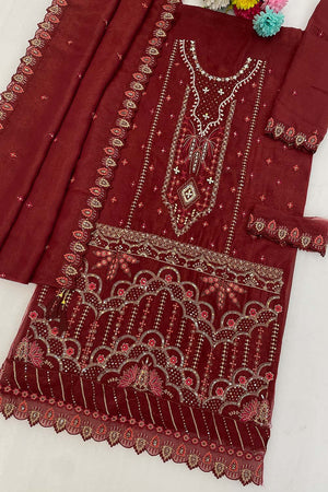 Maroon Floral Embroidered Silk Straight Cut Suits (RF30212)