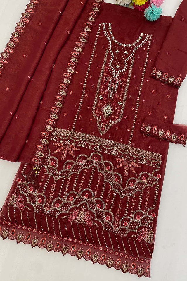Maroon Floral Embroidered Silk Straight Cut Suits (RF30212)