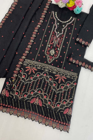 Black Floral Embroidered Silk Straight Cut Suits (RF30213)