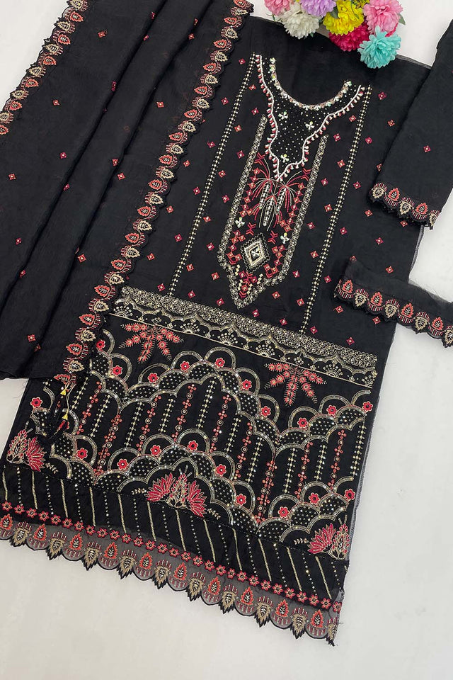 Black Floral Embroidered Silk Straight Cut Suits (RF30213)