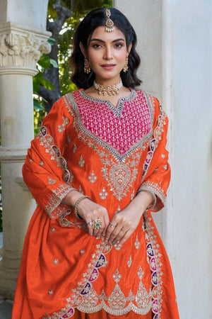 Orange Embroidered Chinon Palazzo Suits (RF30267)