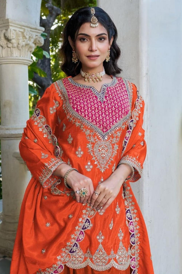 Orange Embroidered Chinon Palazzo Suits (RF30267)