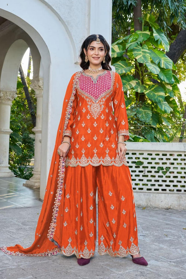 Orange Embroidered Chinon Palazzo Suits (RF30267)