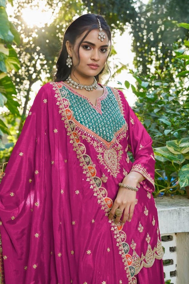 Pink Embroidered Chinon Palazzo Suits (RF30269)