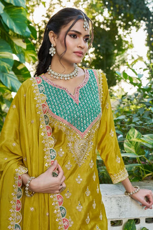 Mustard Embroidered Chinon Palazzo Suits (RF30270)