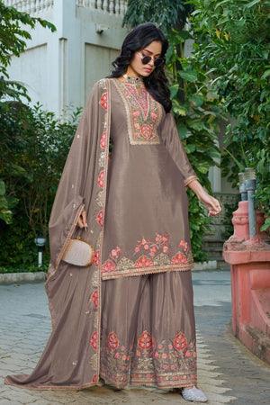 Brown Embroidered Chinon Palazzo Suits (RF30274)