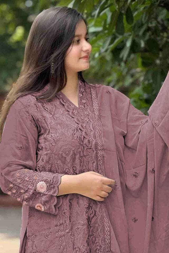 Mauve Embroidered Georgette Straight Cut Suits (RF30283)