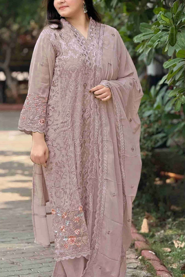 Lavender Embroidered Georgette Straight Cut Suits (RF30285)