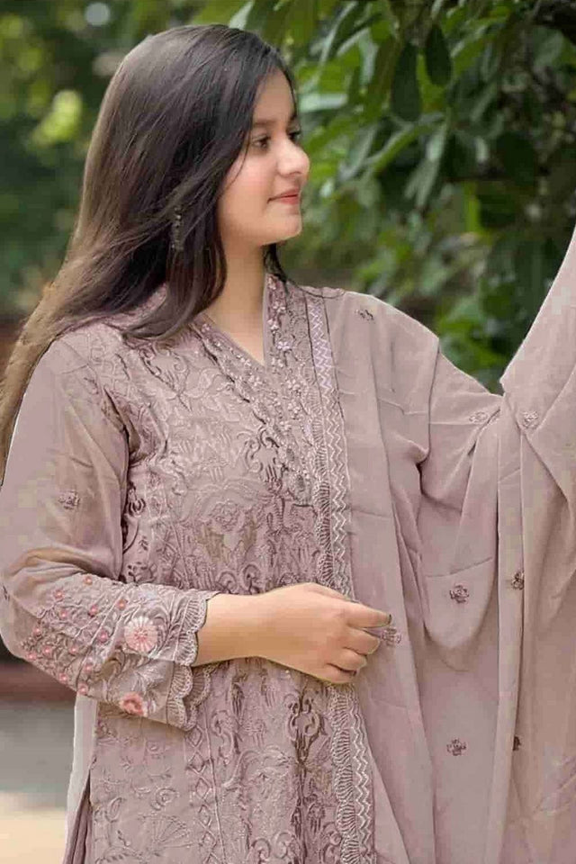 Lavender Embroidered Georgette Straight Cut Suits (RF30285)