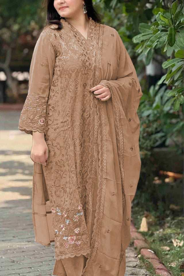 Beige Embroidered Georgette Straight Cut Suits (RF30286)