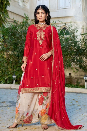 Red Embroidered Chinon Palazzo Suits (RF30293)