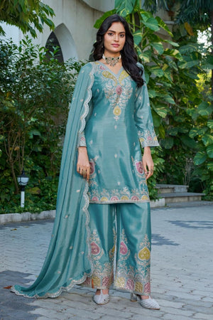 Free Size Stitched Turquoise Embroidered Chinon Palazzo Suits (RF30316)